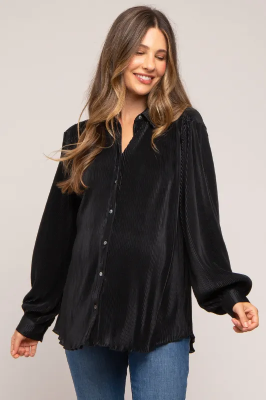 Black Plisse Button Up Long Sleeve Maternity Top sold by Pinkblush
