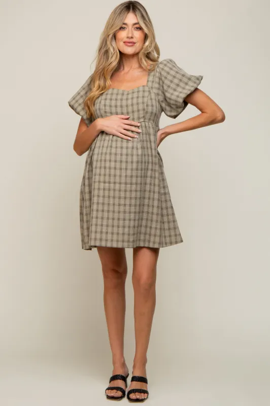 Light Olive Plaid Square Neck Short Puff Sleeve Maternity Dress sold by Pinkblush