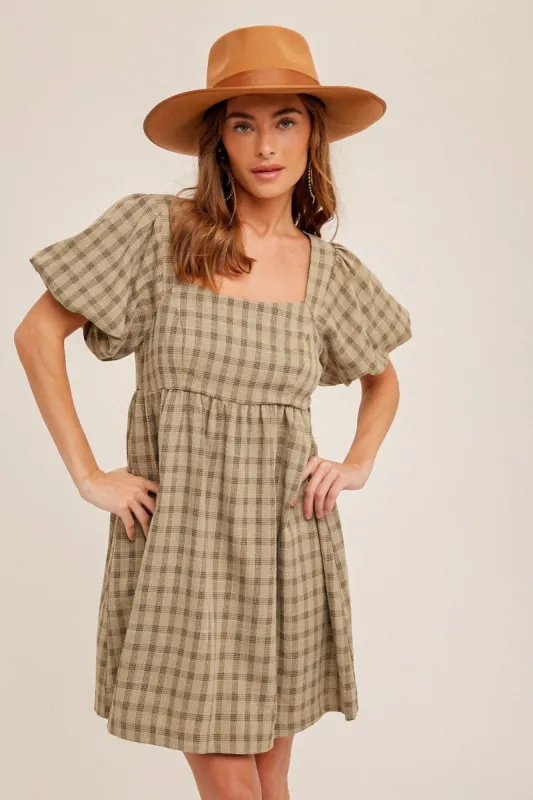 Light Olive Plaid Square Neck Short Puff Sleeve Dress made by Pinkblush