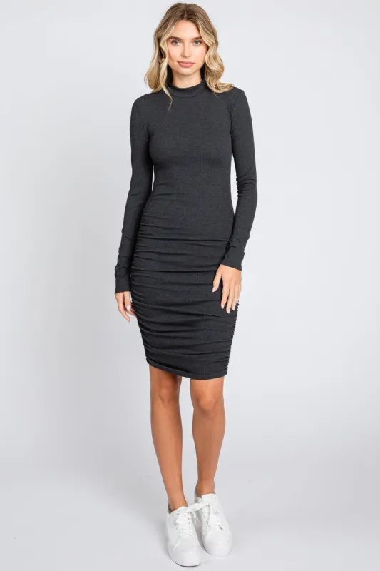 Charcoal Ribbed Mock Neck Ruched Long Sleeve Dress sold by Pinkblush