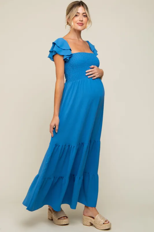 Blue Smocked Ruffle Off Shoulder Tiered Maternity Maxi Dress sold by Pinkblush