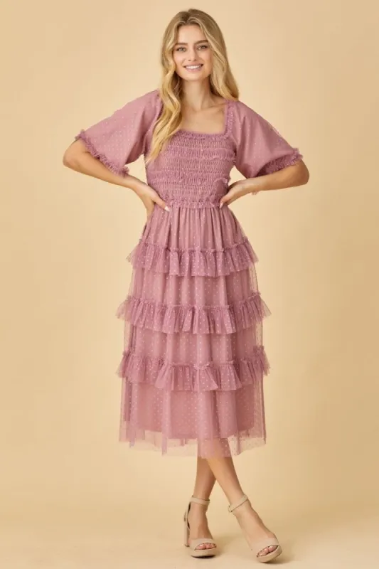 Mauve Dot Smocked Ruffle Tiered Midi Dress sold by Pinkblush