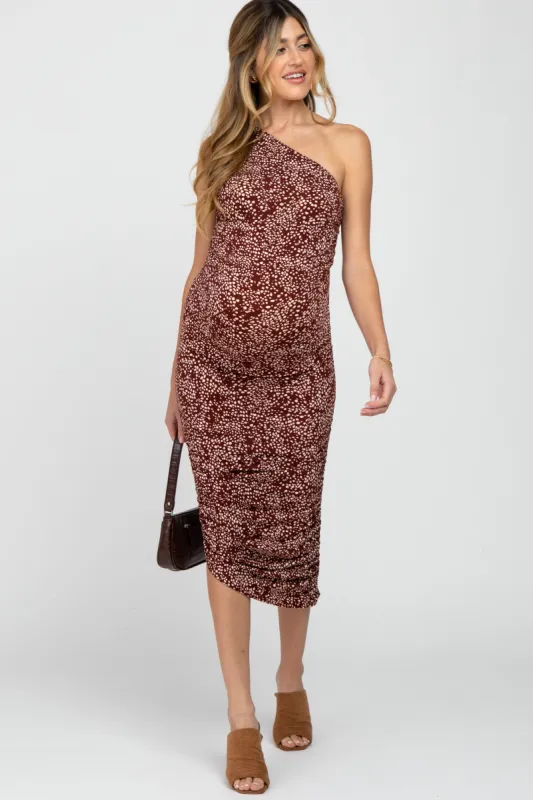 Brown Animal Print Asymmetrical One Shoulder Maternity Midi Dress sold by Pinkblush