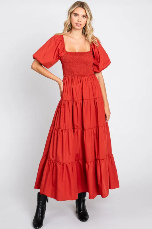 Rust Square Neck Smocked Puff Short Sleeve Tiered Midi Dress sold by Pinkblush