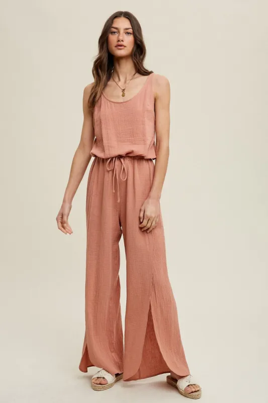 Ginger Slit Gauze Jumpsuit With Drawstring sold by Pinkblush