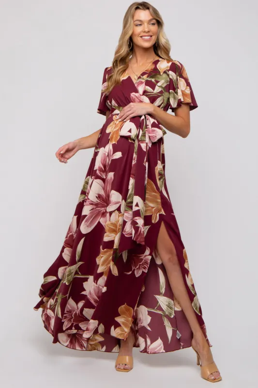 Burgundy Floral Wrap V-Neck Maternity Maxi Dress sold by Pinkblush