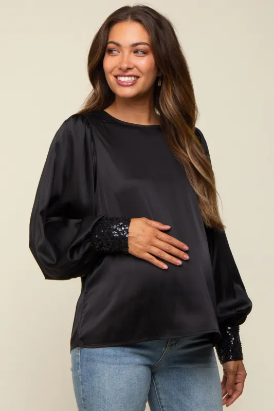 Black Satin Sequin Cuff Maternity Blouse sold by Pinkblush