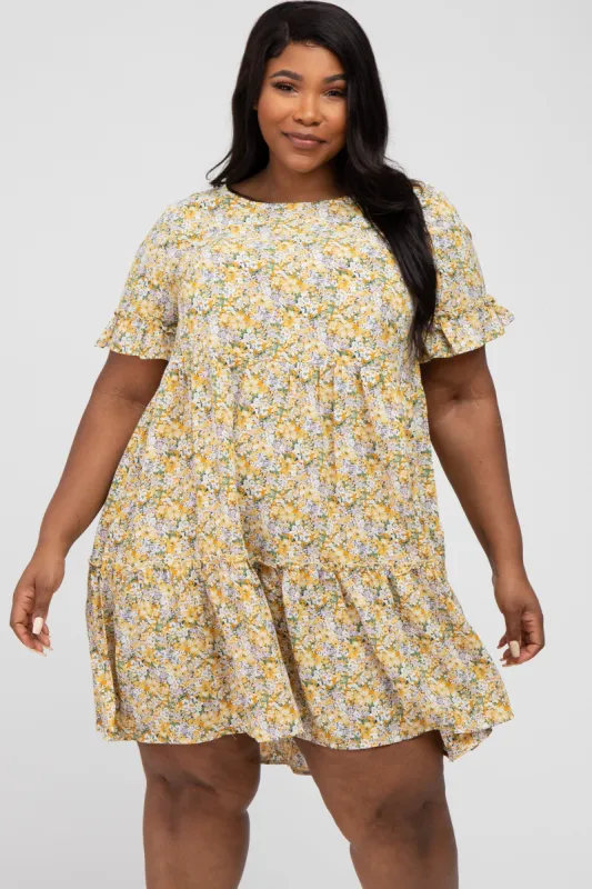 Yellow Floral Ruffle Plus Dress sold by Pinkblush