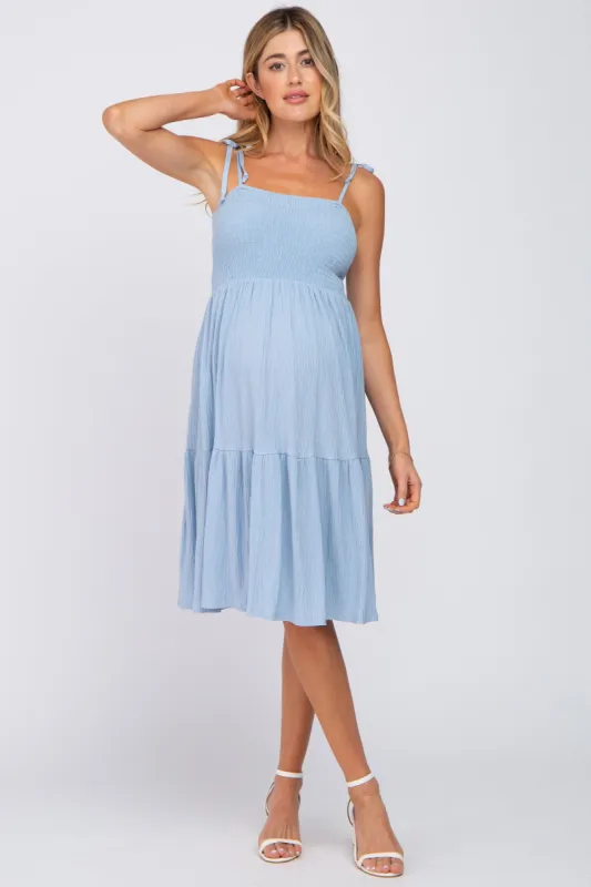 Light Blue Smocked Shoulder Tie Maternity Dress sold by Pinkblush