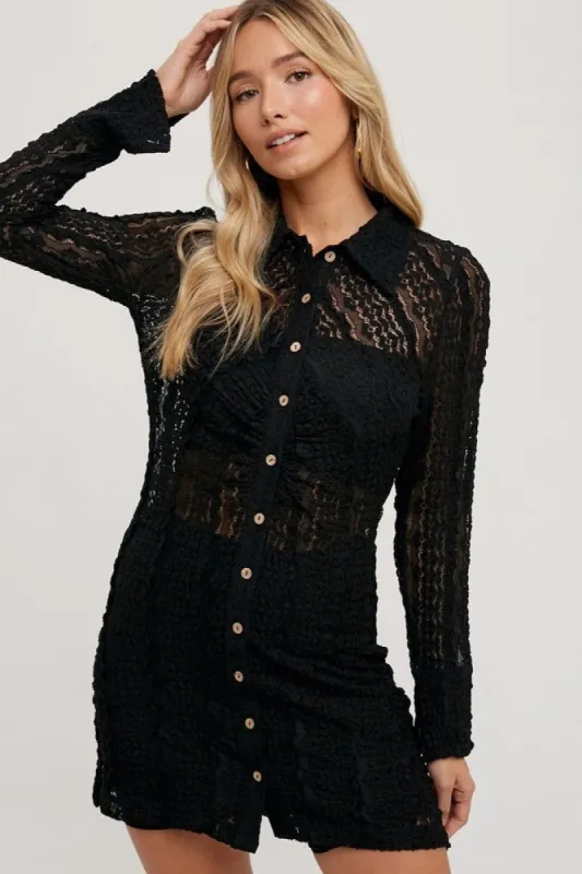Black Lace Button Down Shirt Dress sold by Pinkblush