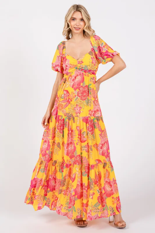 Yellow Floral Sweetheart Neck Tiered Maxi Dress sold by Pinkblush