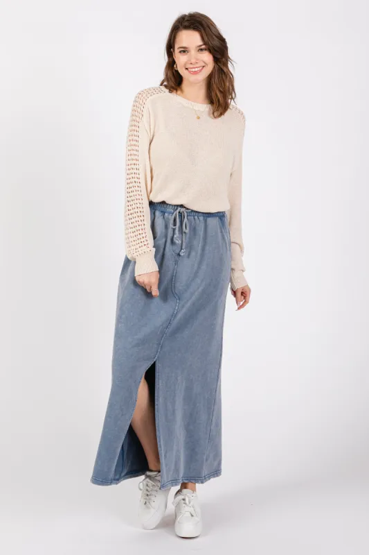 Blue Terry Drawstring Midi Skirt sold by Pinkblush