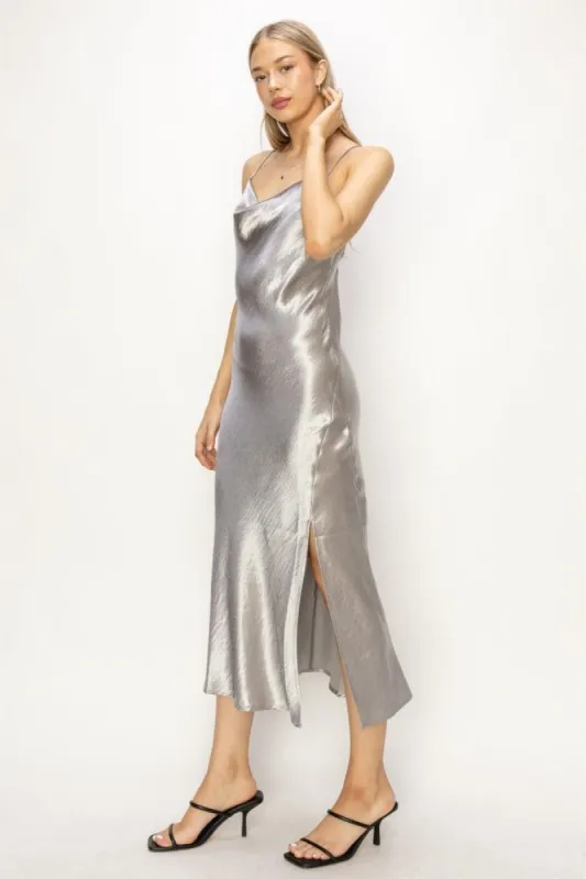 Gray Satin Cowl Neck Midi Dress sold by Pinkblush