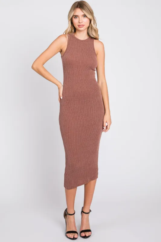 Mocha Ribbed Fitted Midi Dress sold by Pinkblush