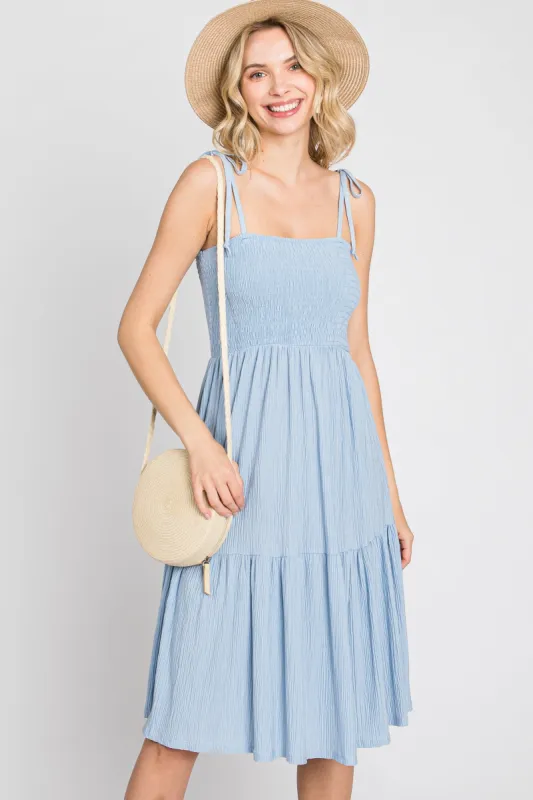Light Blue Smocked Shoulder Tie Dress sold by Pinkblush