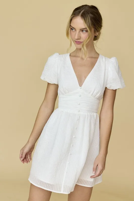 White Textured Woven V-Neck Puff Sleeve Mini Dress sold by Pinkblush
