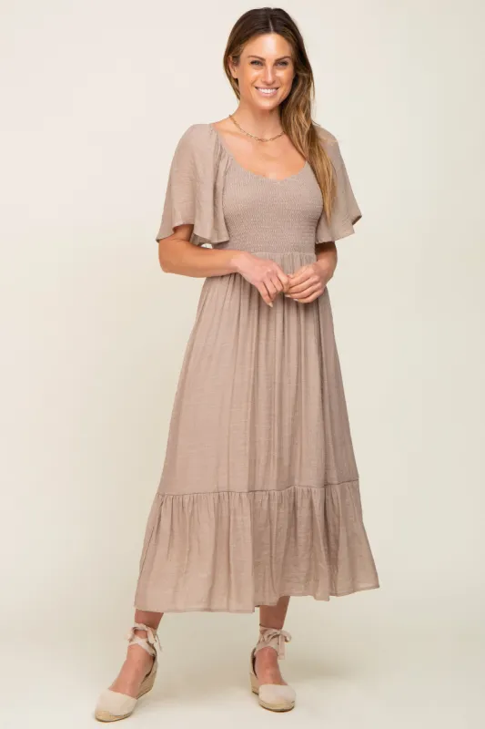 Mocha Smocked Ruffle Hem Maxi Dress sold by Pinkblush