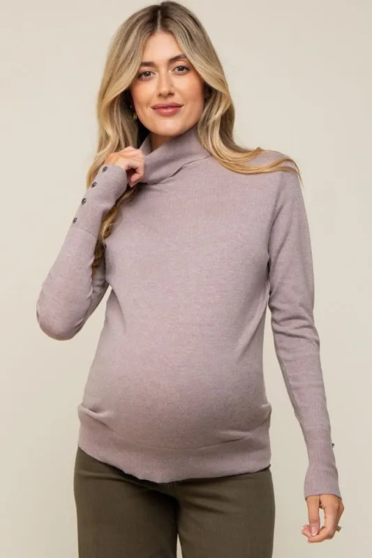 Mocha Turtleneck Long Button Sleeve Maternity Top sold by Pinkblush