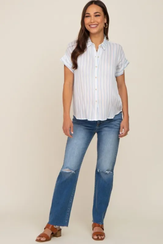 Blue Striped Collared Button Maternity Blouse sold by Pinkblush