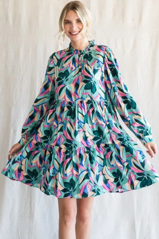 Teal Floral Ruffle Mock Neck Dress sold by Pinkblush