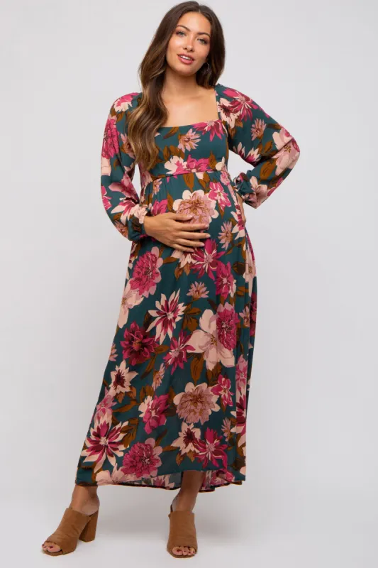Forest Green Floral Long Sleeve Maternity Midi Dress sold by Pinkblush
