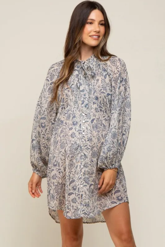 Blue Floral Button Up Pleated Maternity Dress sold by Pinkblush