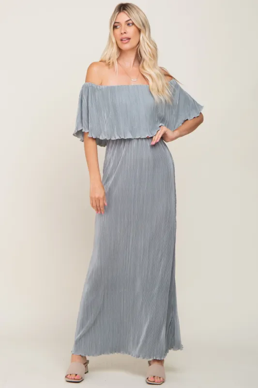 Sage Pleated Ruffle Off Shoulder Maxi Dress sold by Pinkblush
