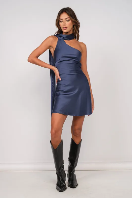 Blue Neck Sash Satin Mini Dress sold by Pinkblush