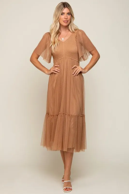 Mocha Dotted Tulle Smocked Midi Dress sold by Pinkblush