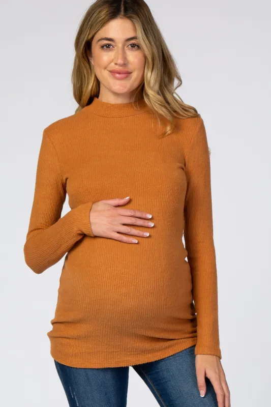 Rust Ribbed Long Sleeve Mock Neck Maternity Top sold by Pinkblush