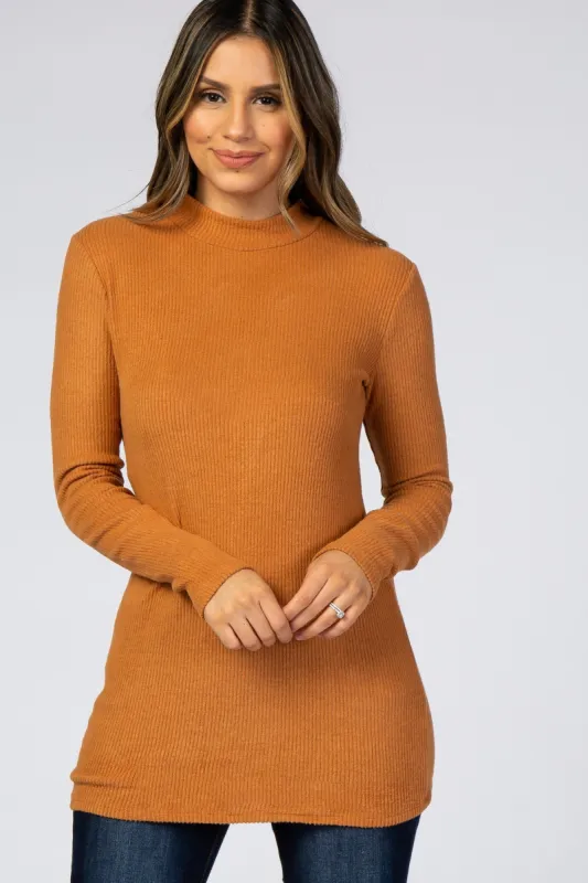 Rust Ribbed Long Sleeve Mock Neck Top sold by Pinkblush