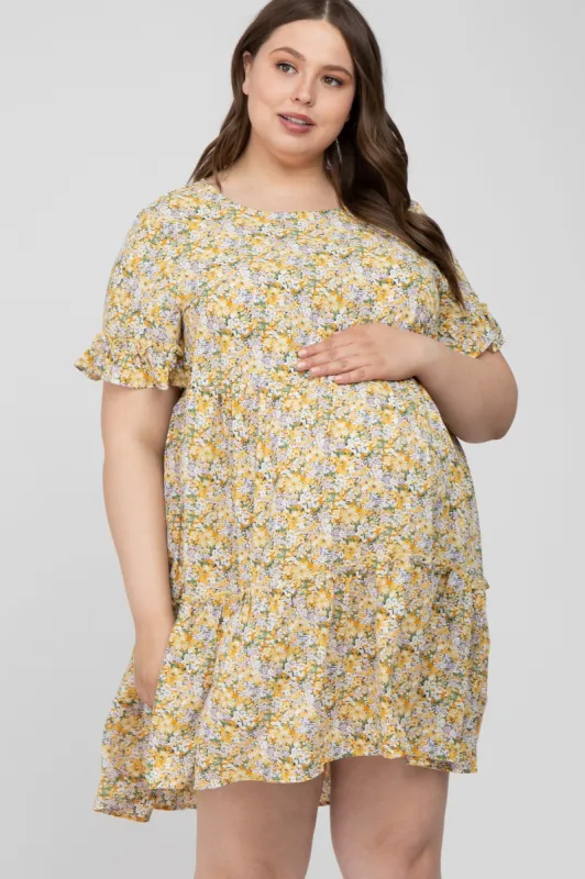 Yellow Floral Ruffle Plus Maternity Dress sold by Pinkblush