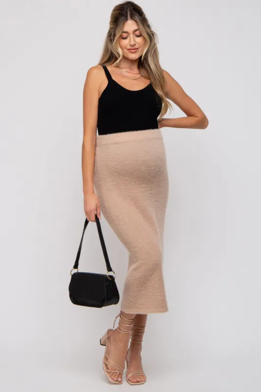 Beige Fuzzy Soft Knit Maternity Midi Skirt sold by Pinkblush