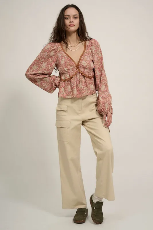Taupe Floral V Neck Lace Trim Low Back Blouse sold by Pinkblush