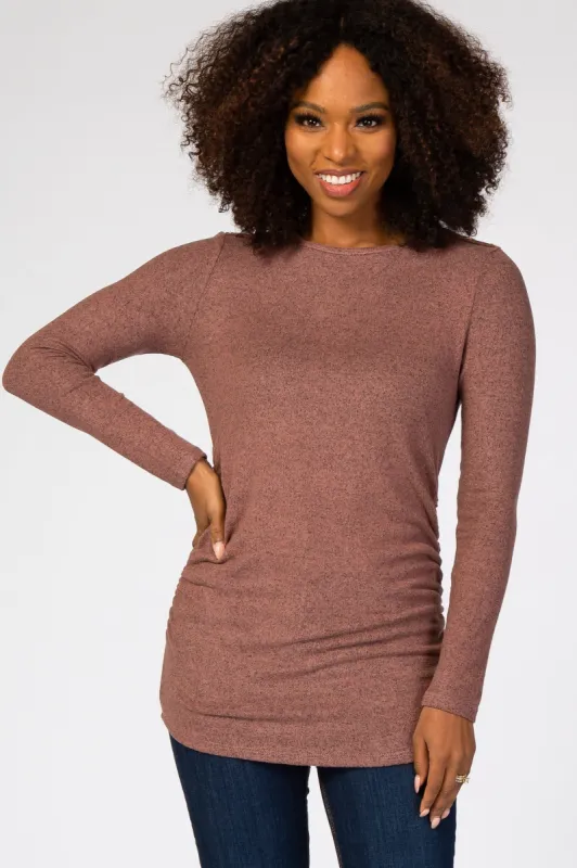 Mauve Soft Knit Button Shoulder Ruched Side Top sold by Pinkblush