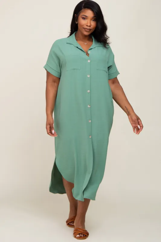 Green Button Down Hi Low Plus Maxi Dress sold by Pinkblush