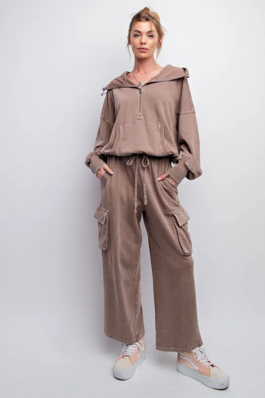 Mocha Washed Terry Knit Cargo Pants sold by Pinkblush
