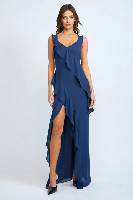 Navy Ruffle Slit Maxi Dress sold by Pinkblush