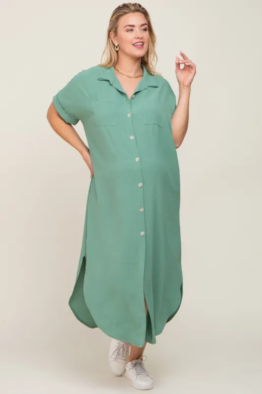 Green Button Down Hi Low Maternity Plus Maxi Dress sold by Pinkblush