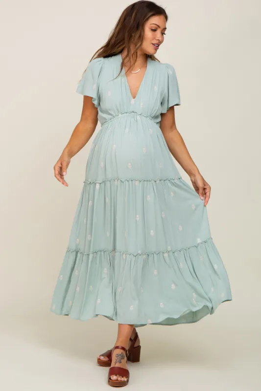 Mint Green Floral Embroidered Tiered Maternity Maxi Dress sold by Pinkblush