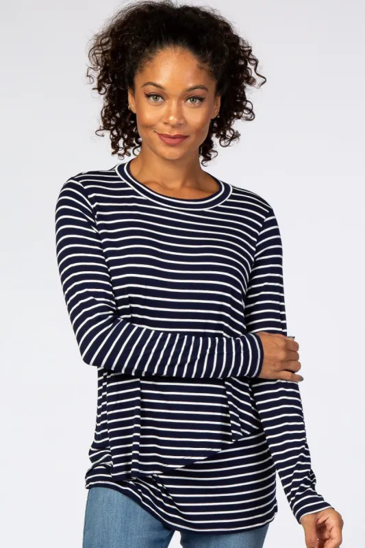 Navy Blue Striped Layered Front Long Sleeve Nursing Top sold by Pinkblush