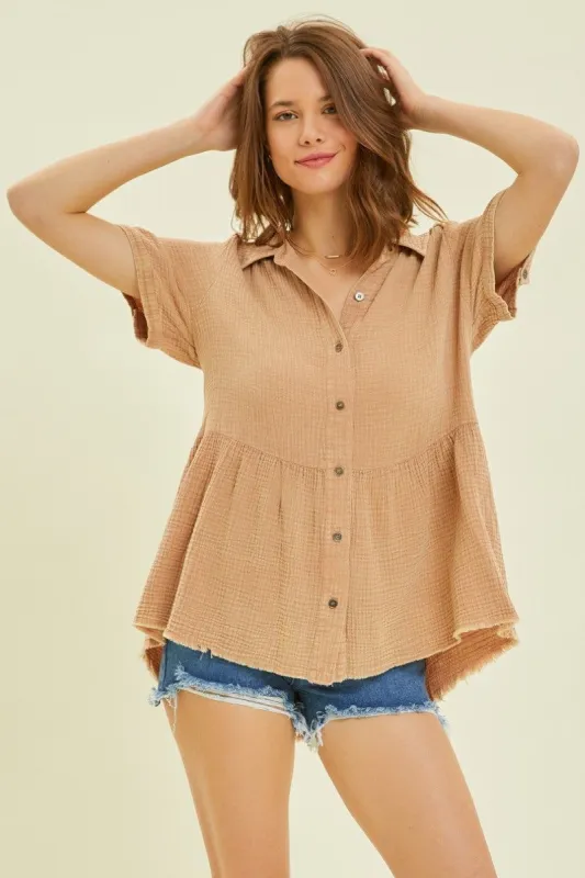 Mocha Mineral-Washed Babydoll Button-Down Shirt made by Pinkblush
