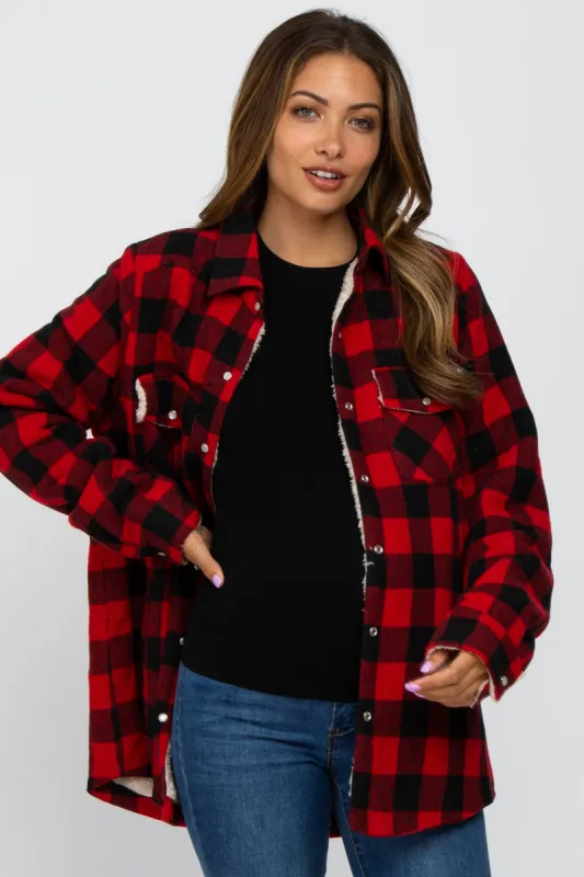 Red Black Plaid Sherpa Lined Maternity Jacket sold by Pinkblush