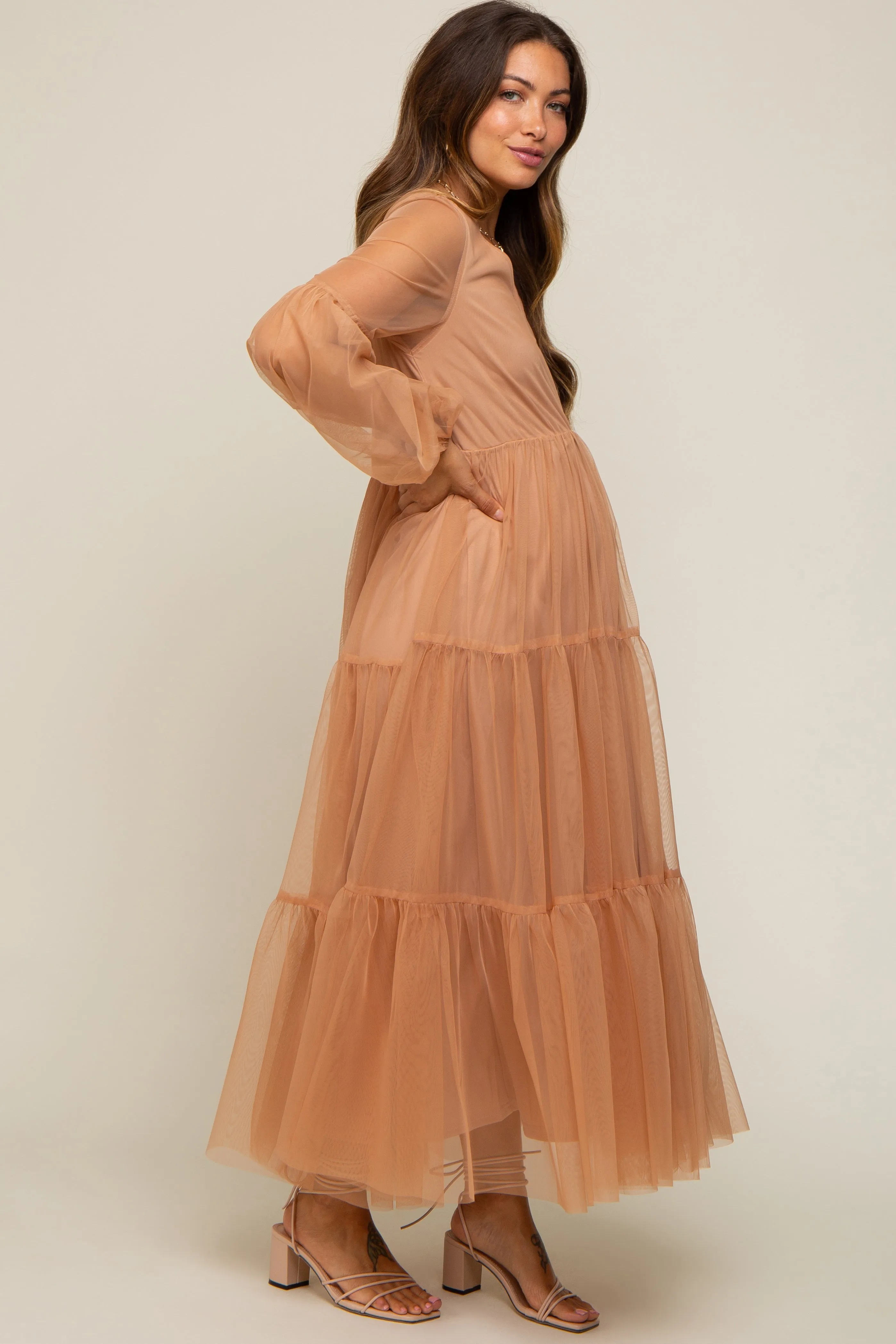 Rust Mesh Overlay Tiered Maternity Maxi Dress sold by Pinkblush product image thumbnail 3