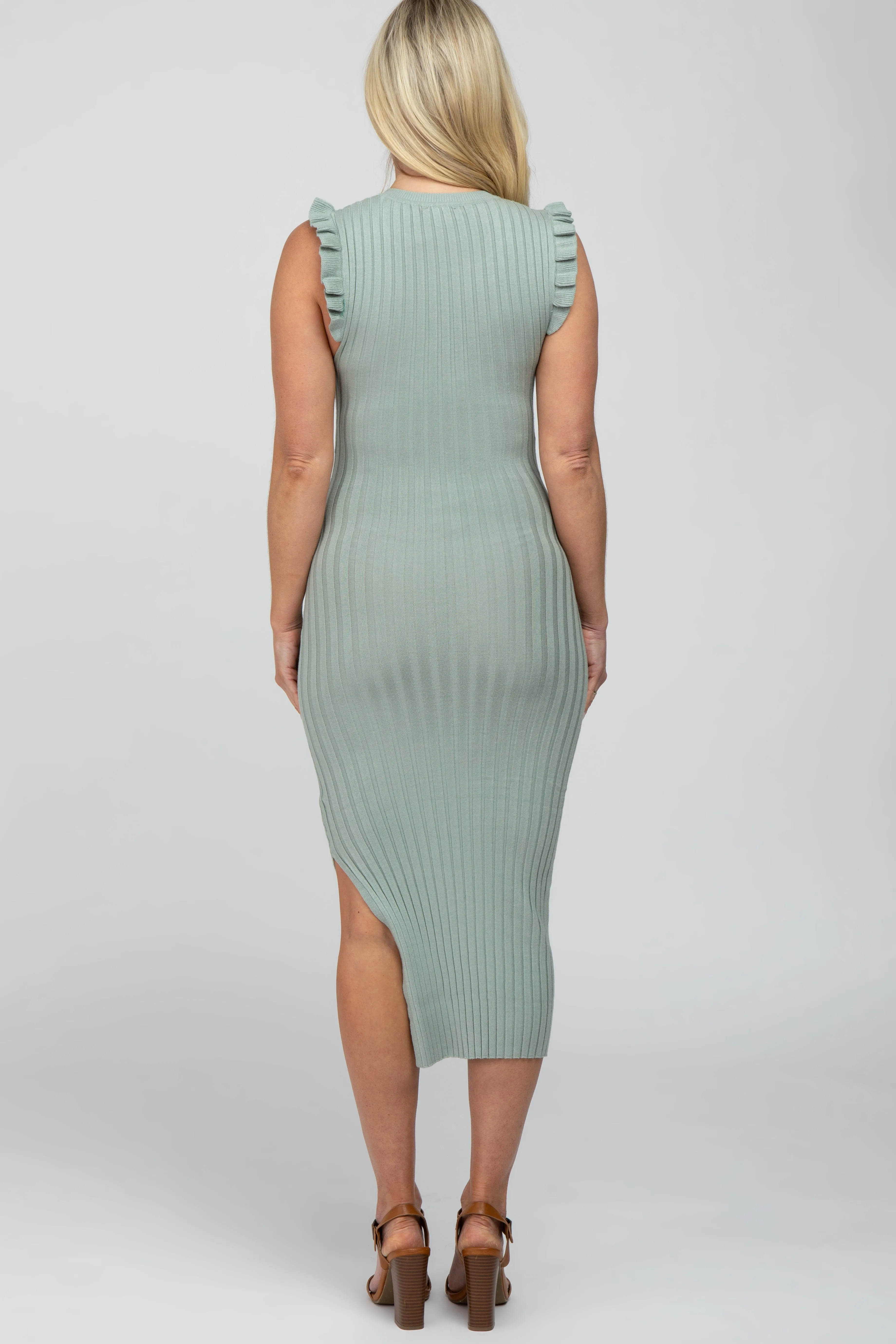 Mint Green Ribbed Flutter Accent Maternity Midi Dress sold by Pinkblush product image thumbnail 4