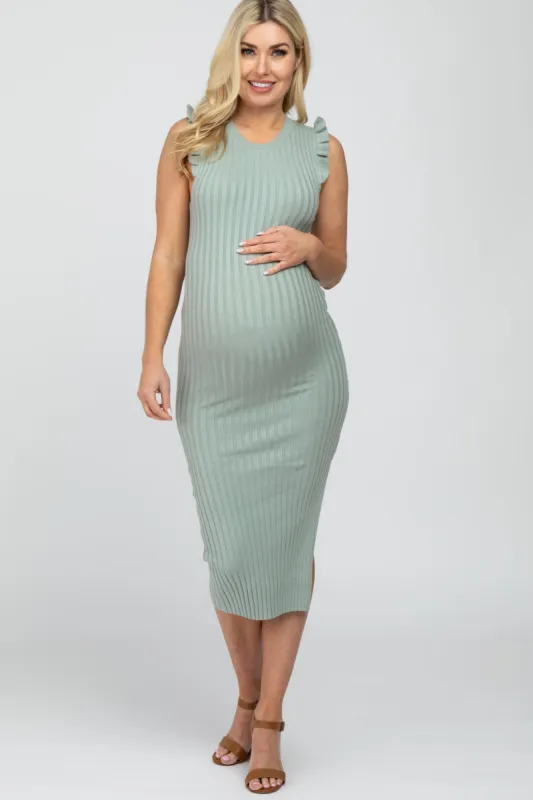 Mint Green Ribbed Flutter Accent Maternity Midi Dress sold by Pinkblush
