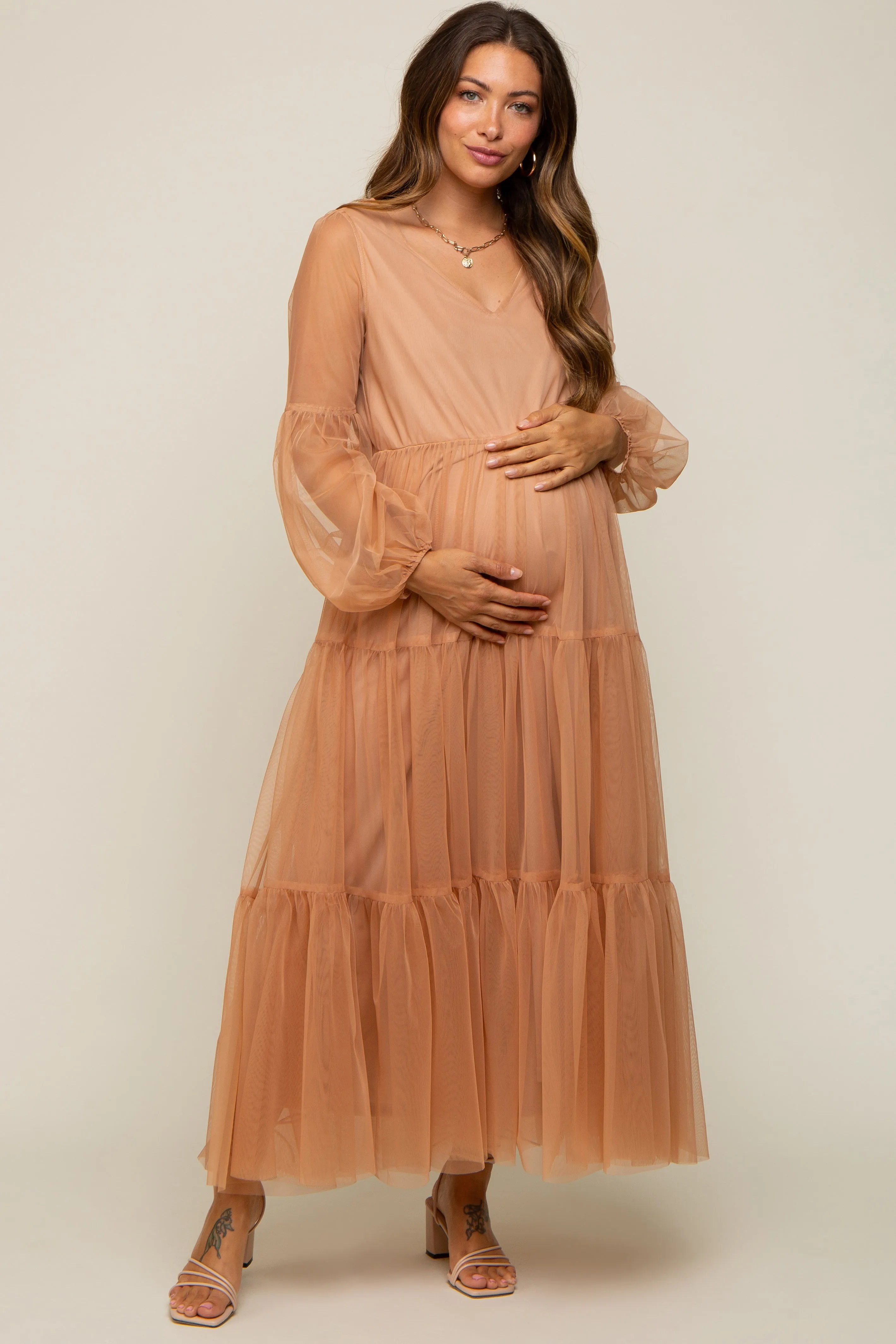 Rust Mesh Overlay Tiered Maternity Maxi Dress sold by Pinkblush