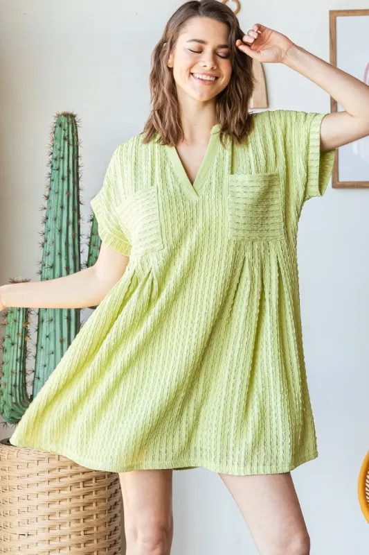 Lime Texture Knit Pocket Pleat Mini Dress sold by Pinkblush