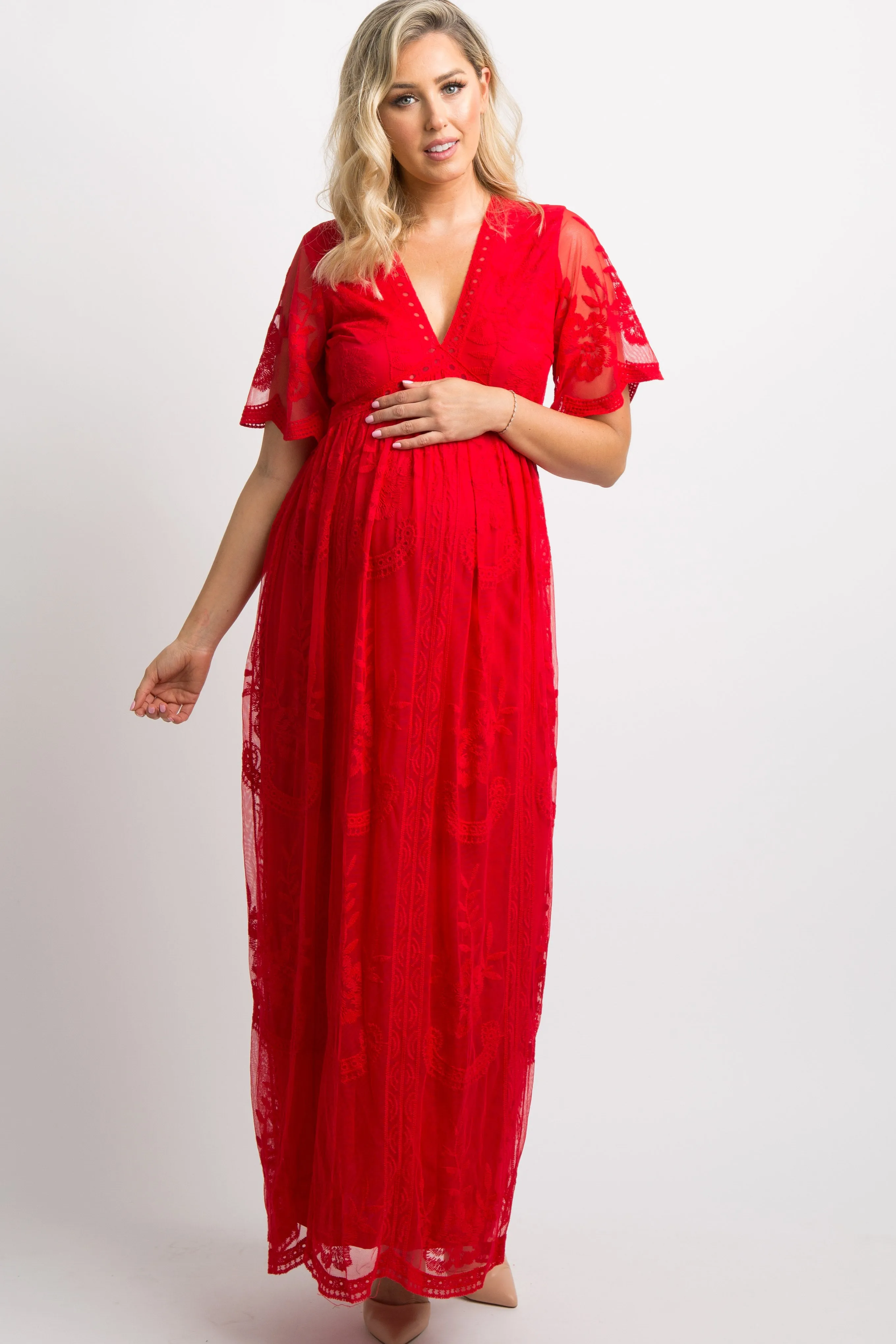 PinkBlush Red Lace Mesh Overlay Maternity Maxi Dress sold by Pinkblush
