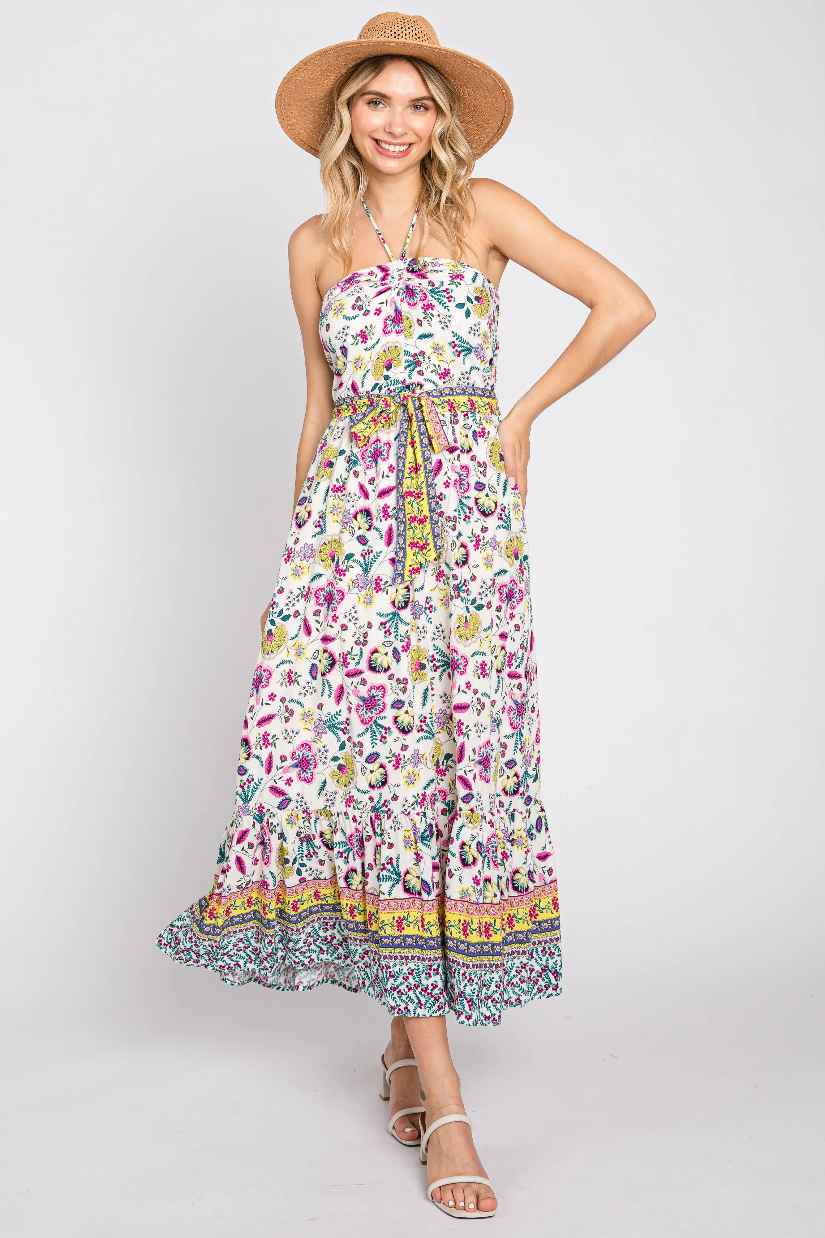 Multicolor Floral Halter Waist Tie Midi Dress sold by Pinkblush